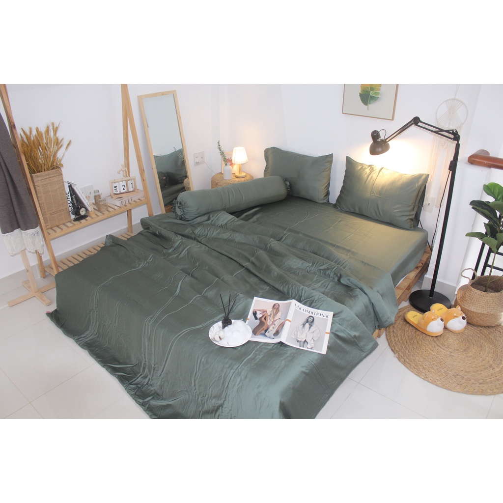 Bộ Chăn drap gối Tencel 60S màu trơn cao cấp mềm mại mịn màng vải nằm siêu mát- Mẫu Xanh Rêu