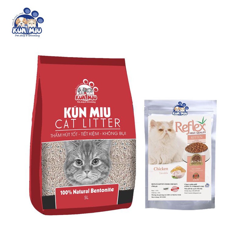 combo cát Kunmiu 5l hoa hồng và thức ăn reflex kitten 500g