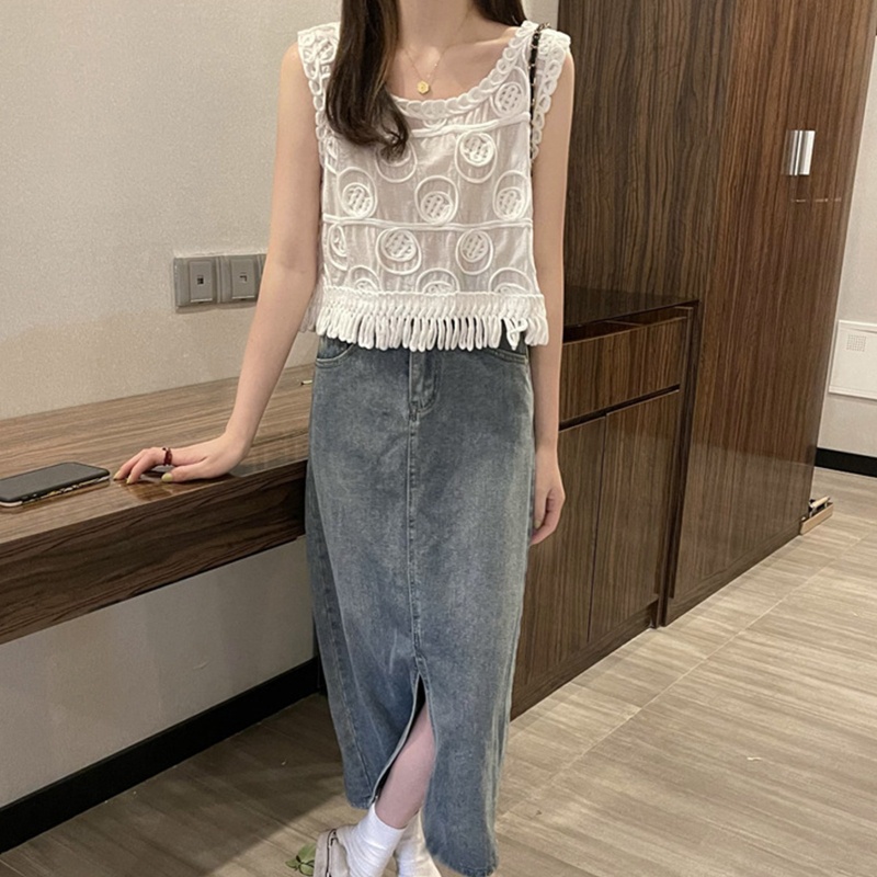 Xiangbao Áo Crop Top Dệt Kim Không Tay Khoét Lỗ Phối Tua Rua Tròn Cho Nữ