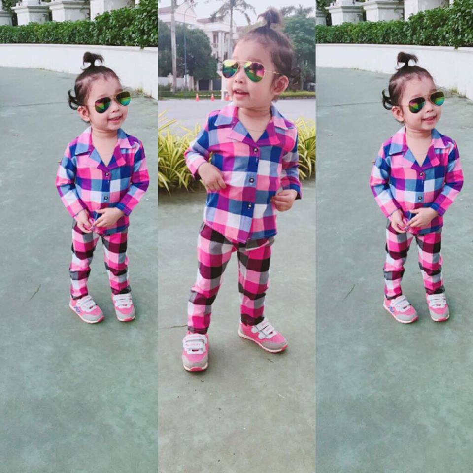 bộ pijama thô kẻ mặc nhà cho bé gái - BTK