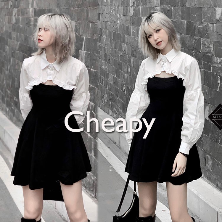 [Mã FAMAYWA2 giảm 10K đơn 50K] [SIÊU XINH] Set váy bèo tay phồng tiểu thư chất thô đen trắng cực xinh (Sỉ từ 5sp bất kì)