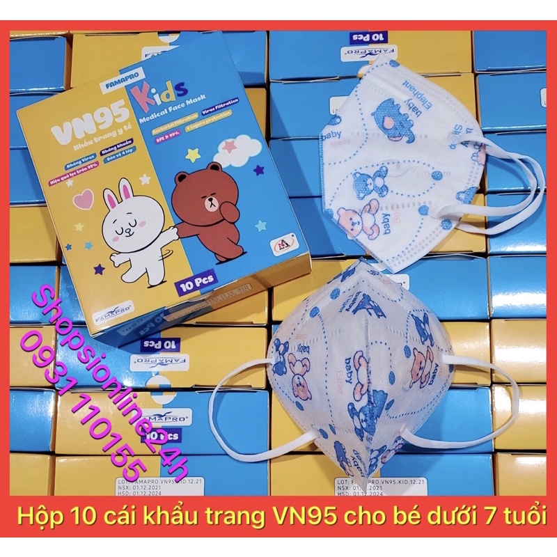 ✅ Hộp 10 cái khẩu trang cho trẻ em N95 , VN95 Famapro Nam Anh Hoạ tiết Gấu Xanh