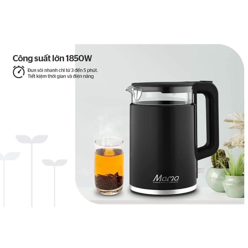 Ấm siêu tốc thuỷ tinh 1,7L Sunhouse mama SHD1330 bảo hành chính hãng 24 tháng