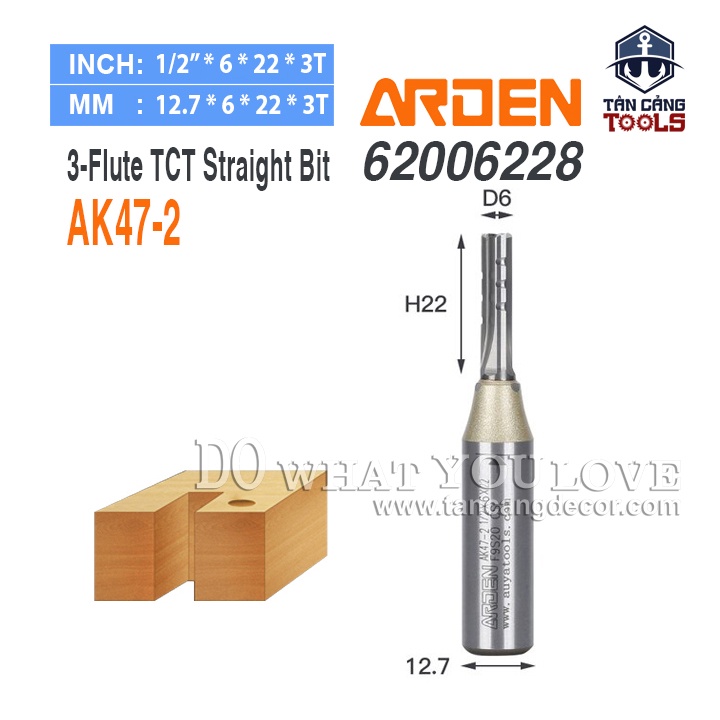 Mũi Router CNC AK47-2 Arden 6 x 22 mm Cốt 12.7 mm