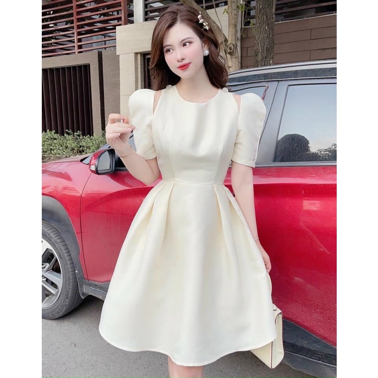 Đầm Nữ Thời Trang Mặc Đi Tiệc, Đầm Nữ Tapta Tay Ngắn Xẻ Vai Váy Xếp Ly Đi Tiệc Sang Chảnh