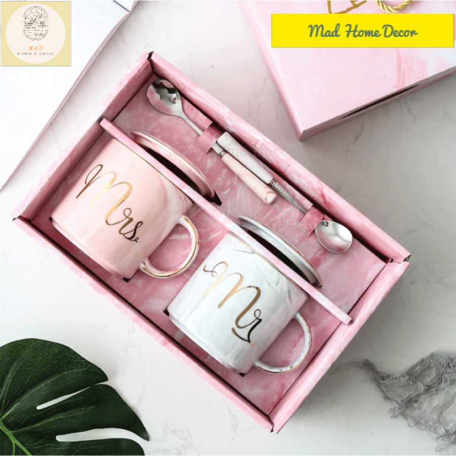 Cốc đôi Mr & Mrs sứ cao cấp có nắp quà tặng cao cấp[HÀNG SẴN]