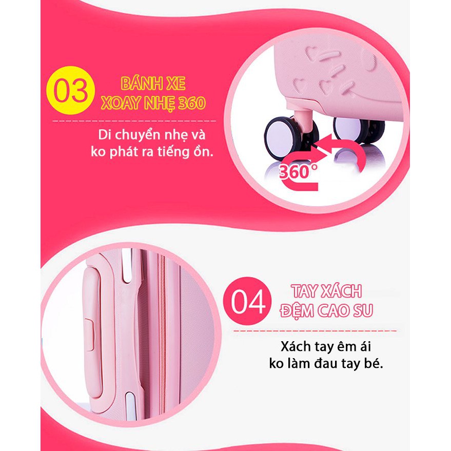 Vali kéo nhựa em bé mèo kitty hồng phấn - size 16, cốp kitty