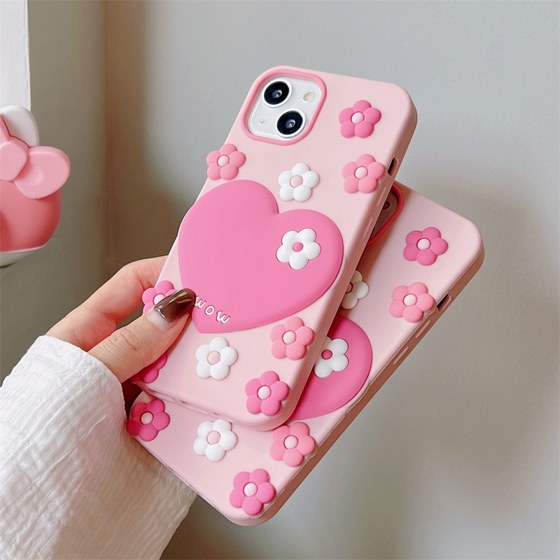 Ốp Điện Thoại Silicon Hình Hoa Trái Tim Màu Hồng Cho iPhone XS Max 11ProMax 12ProMax 13ProMax
