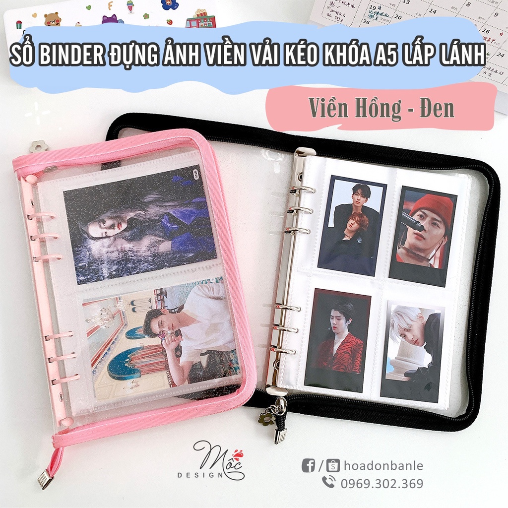 Sổ Binder đựng ảnh viền vải kéo khoá lấp lánh cỡ A5