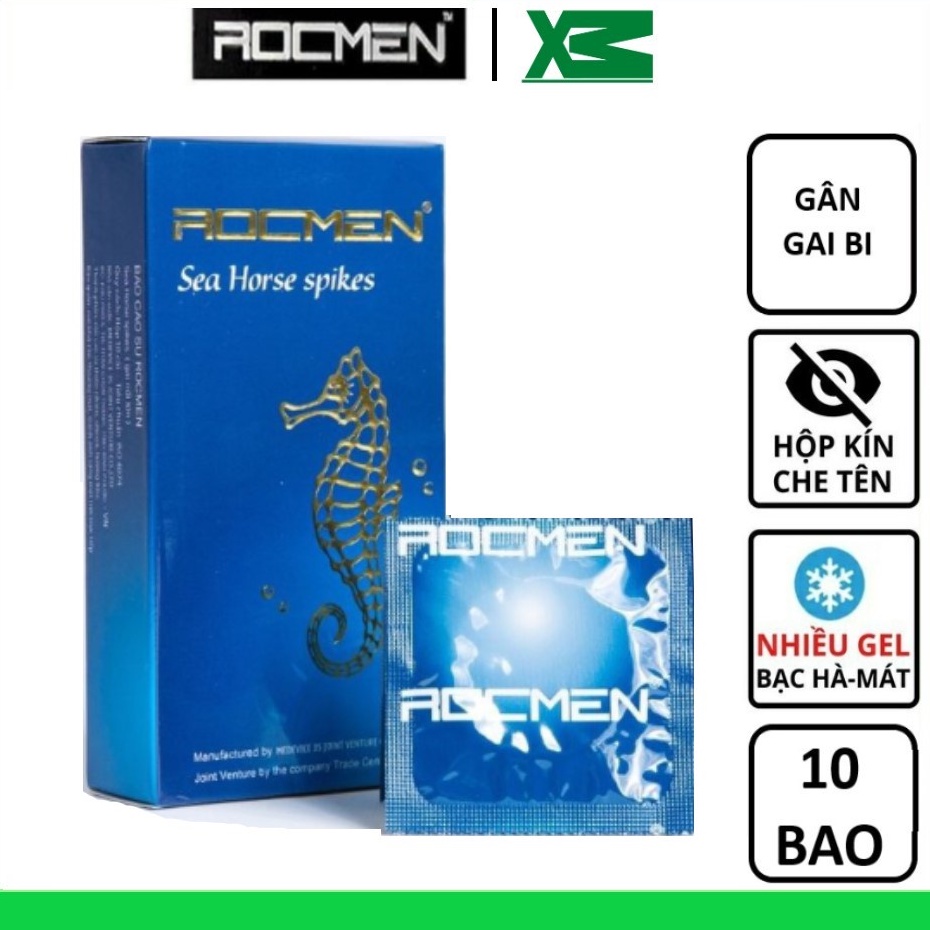 Bao cao su gai Rocmen Sea Horse xanh bạc hà, bcs gai kéo dài thời gian, chống xuất tinh sớm - Hộp 3,10 cái/hộp