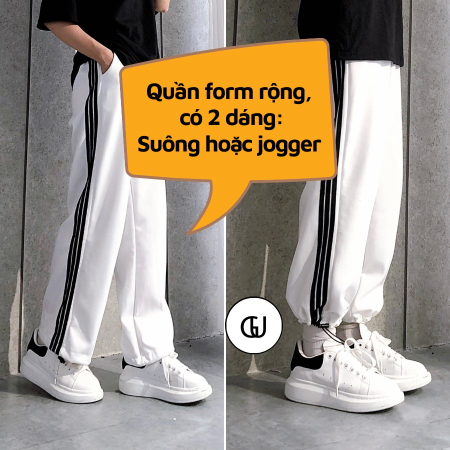 Quần Jogger Ống Rộng Nam Nữ Thể Thao 3 Sọc Để Suông Hoặc Rút Dây Bo Gấu Vải Dày Dặn GUF