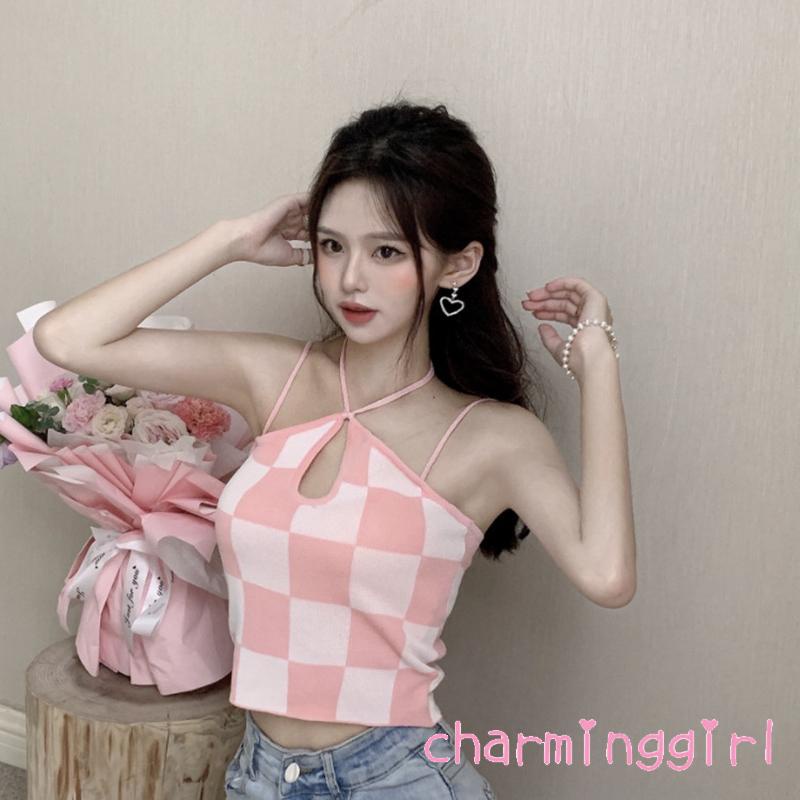 Áo Croptop Hai Dây Họa Tiết Sọc Caro Thời Trang Quyến Rũ Cho Nữ