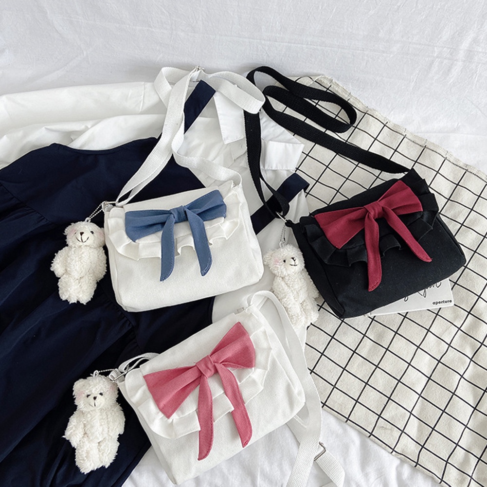 Túi Đeo Chéo Canvas Đính Nơ Phong Cách Retro Cho Nữ