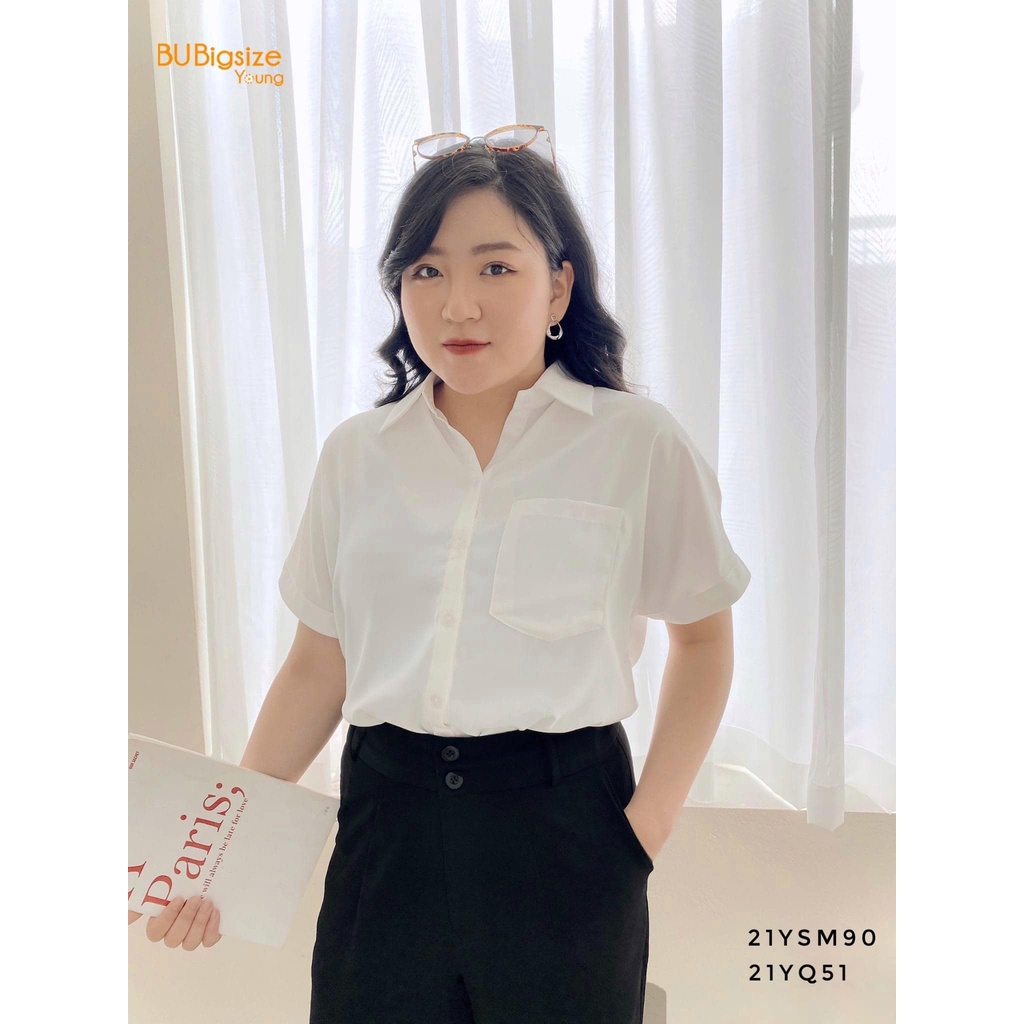 Áo sơ mi nữ cộc tay đuôi tôm xẻ cao BIGSIZE (55kg đến 95kg) - 21YSM90 - [BU Bigsize Young]