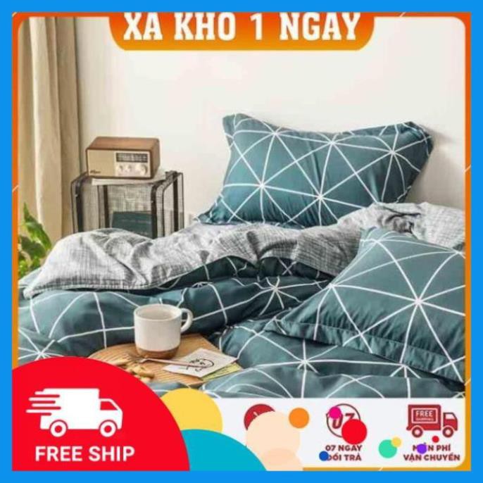 Chăn ga gối cotton poly xanh kẻ bàn cờ nhập khẩu bộ 4 món Chăn, ga , 2 vỏ gối