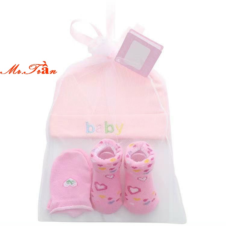 Set 3 món bao tay, bao chân và mũ thóp loại cao cấp siêu mềm cho bé sơ sinh trong túi lưới
