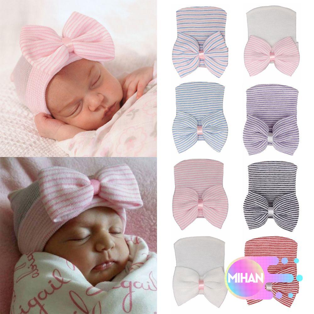 Mũ beanie mềm mại đính nơ họa tiết kẻ sọc dễ thương cho bé gái MIHAN1