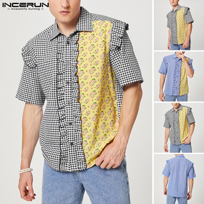 Áo sơ mi INCERUN ngắn tay viền bèo họa tiết kẻ sọc thời trang mùa hè cho nam