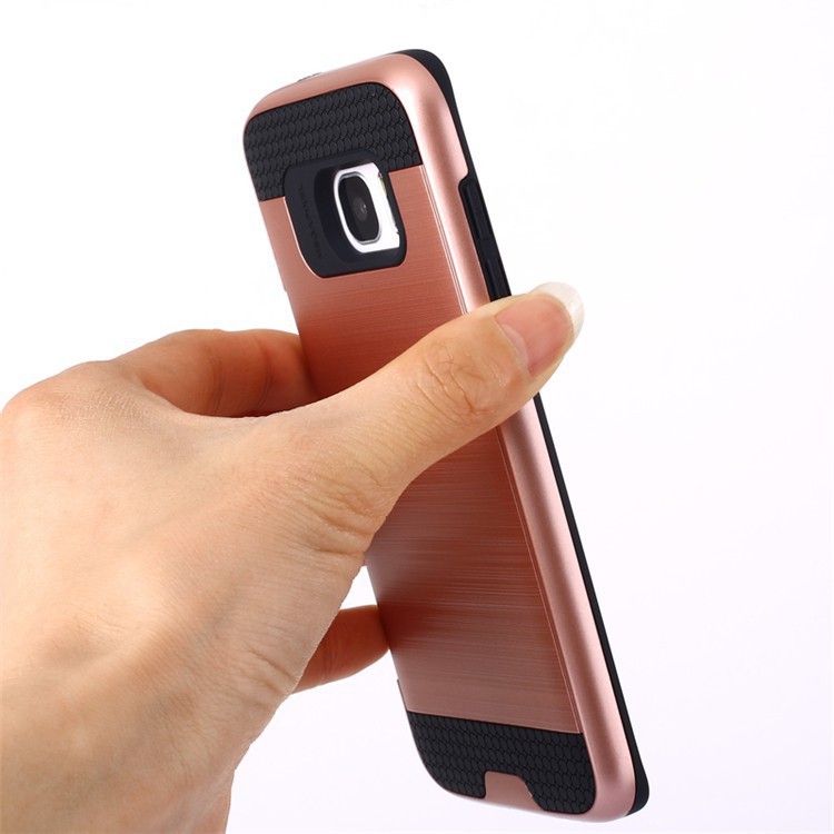 Ốp điện thoại mặt kim loại cứng làm nhám thiết kế 2 lớp có ngăn đựng thẻ cho Samsung Galaxy S7 Edge