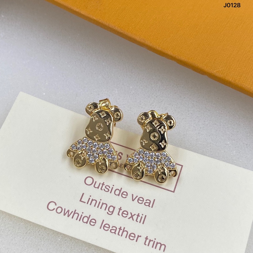 LV Bông tai gấu bông nhỏ Hoa tai kim loại Trang sức thời trang