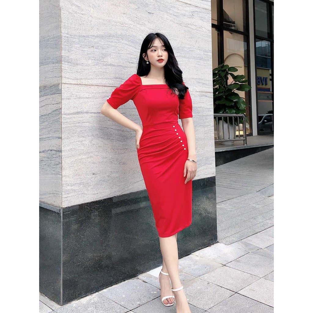 Váy body cổ vuông, tay bồng, hoa ngực, ngọc đính eo Nancy A9 | BigBuy360 - bigbuy360.vn