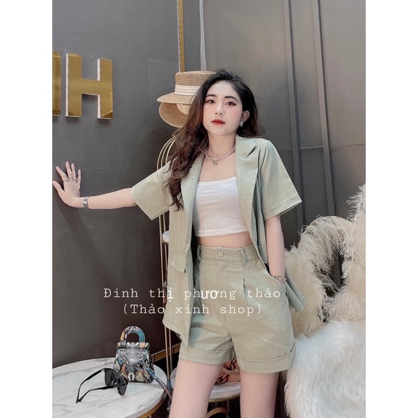 [ 𝐅𝐑𝐄𝐄 𝐒𝐇𝐈𝐏 ] SÉT VEST XANH QUẦN SOOC 3 MÓN Ạ . CHẤT CHÉO THÁI MẶC LÊN ĐỨNG FORM LẮM Ạ