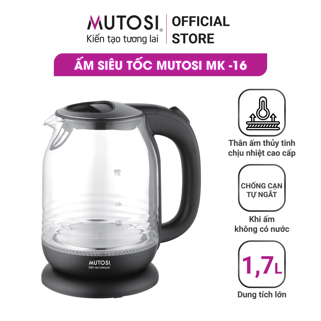 Ấm đun siêu tốc Mutosi MK-16 (đen), 1.7L, thủy tinh cao cấp chịu nhiệt tốt, công nghệ Nhật Bản, bảo hành 24 tháng