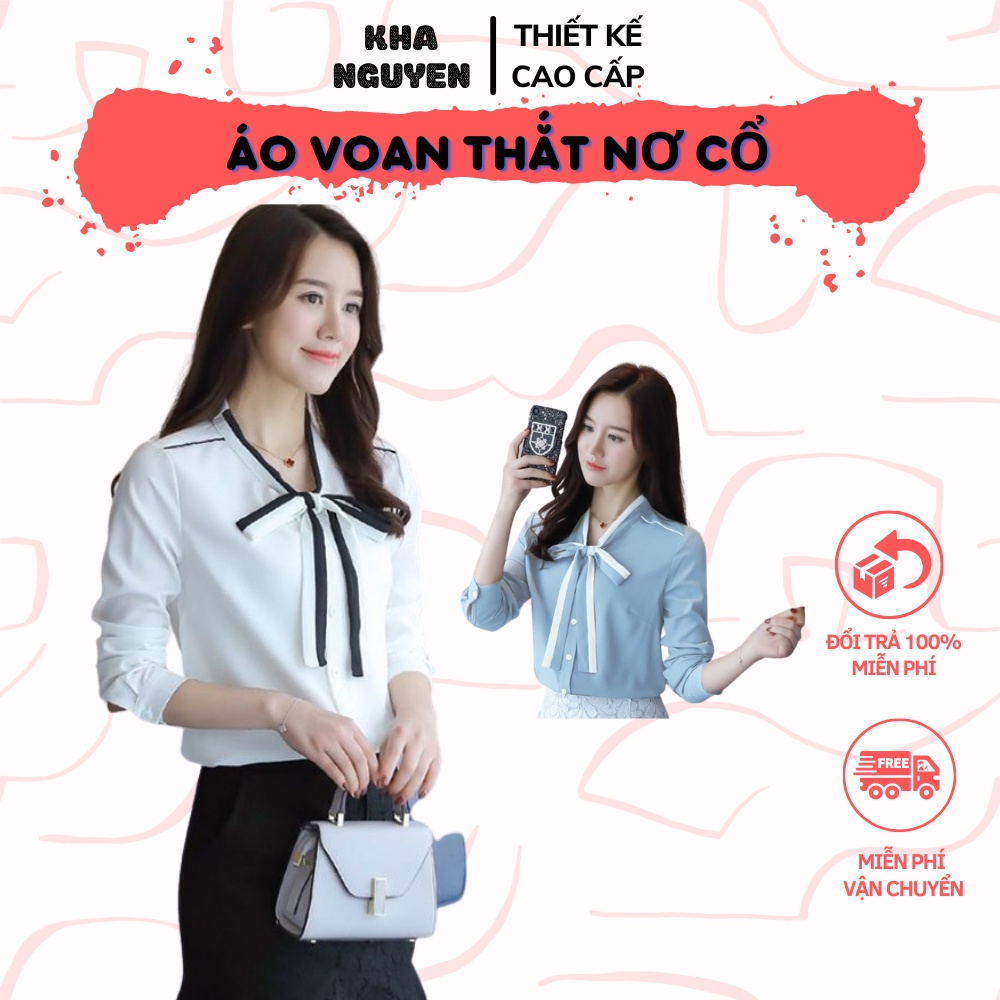 Áo Nơ 💖KHA NGUYEN💖 Áo Sơ Mi Cổ Tim Viền Vai Trắng Dài Tay Thắt Nơ Ngực Dáng Hàn Quốc - Thiết Kế Cao Cấp
