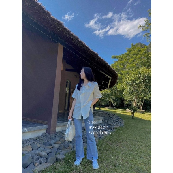 Áo sơ mi nữ ngắn tay vạt chéo thô trơn phong cách Hàn Quốc - The Sweater Weather | BigBuy360 - bigbuy360.vn