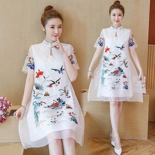 Đầm suông cổ tàu giọt nước họa tiết hoa cách điệu có size lớn - hàng việt nam