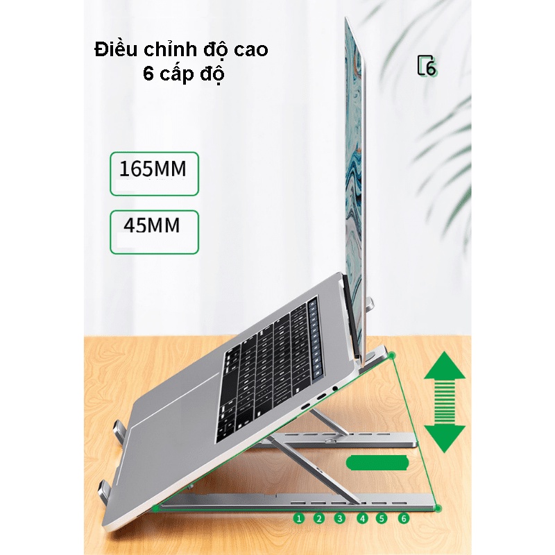 Giá đỡ Laptop Macbook, kệ kê Laptop bằng nhôm, có thể điều chỉnh độ cao, gập lại được, size lớn  N6 11-17&quot; Techro