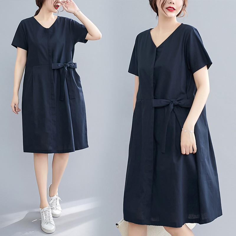 (V044) Váy đầm nữ bigsize ngắn tay dáng suông eo buộc nơ dễ thương (size L-XL fit 80kg)