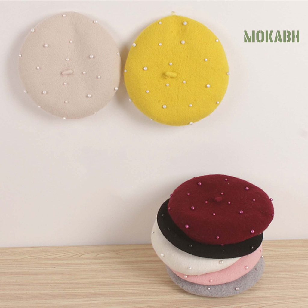 Mũ Beret Đính Ngọc Trai Giả Màu Sắc Trơn Ấm Áp Thời Trang Cho Bé Gái