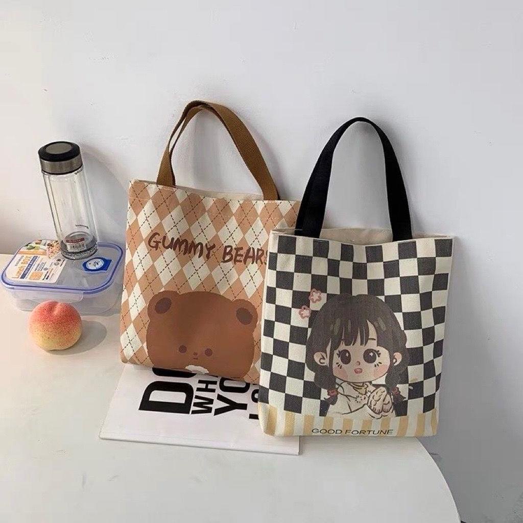 Túi Tote Đeo Chéo Vải Cavas Nữ Xách Tay Có Khóa Dáng Vuông Công Sở Họa Tiết Cute Hàn Quốc Đi Học Làm Chơi