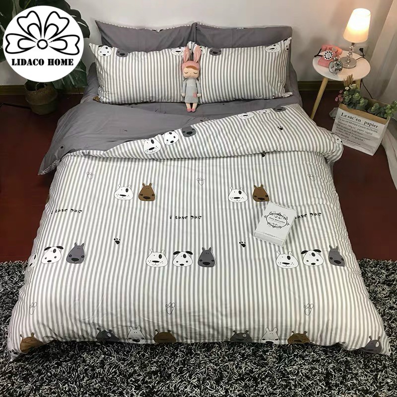 Bộ vỏ chăn ga gối cotton poly Lidaco decor phòng ngủ vintage - Chó Đốm Kẻ