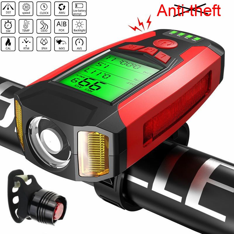 Đèn xe đạp tích hợp đồng hồ đo tốc độ chống trộm chống thấm nước với 5 chế độ và còi xe