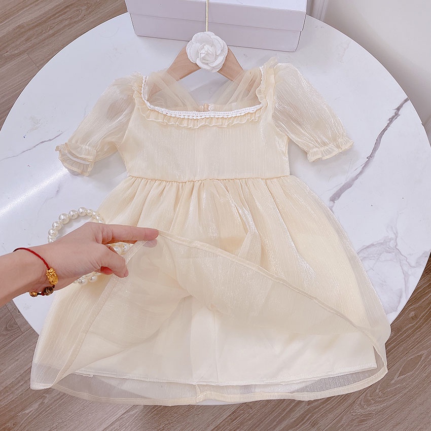 Váy Cộc Tay Bèo Cổ Ren Vải Tơ Óng Ánh Dễ Thương Cho Bé Từ 7-19kg Mã V23