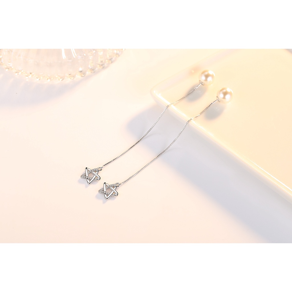 AIFEI♥ Silver 925 Original Pentagram Small Star Simple Pearl Front and Back Hanging Ear Chain Female Tassel Exaggerated Personality Pearl Long Ear Line-S1