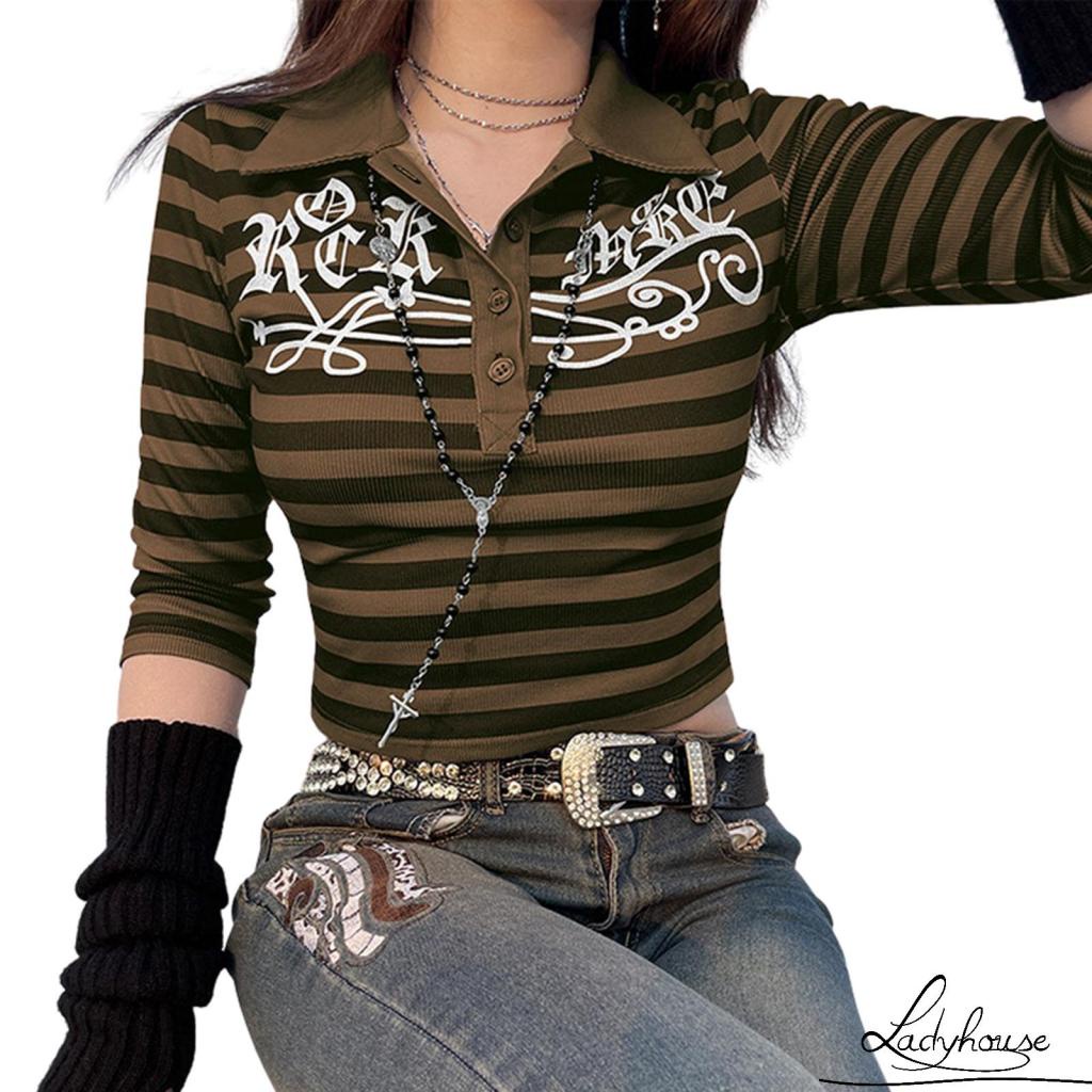 Áo Thun Dệt Kim Tay Lửng Họa Tiết Kẻ Sọc Màu Sắc Tương Phản Có Nút Cài Cho Nữ