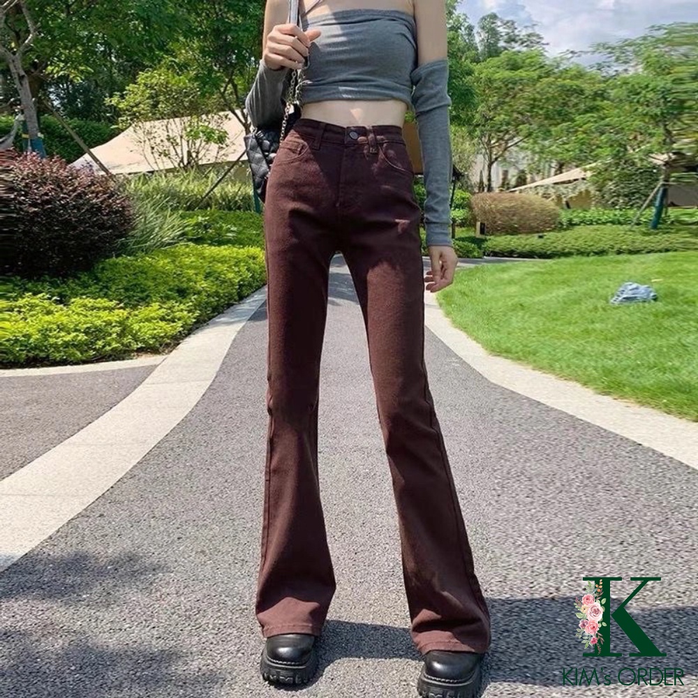 Quần Jeans Ống Loe Nữ Màu Đen Nâu Cạp Cao Loại 1 Chất Jean Kaki Co Dãn Style Hàn Cá Tính Mặc Hàng Ngày Có Bigsize