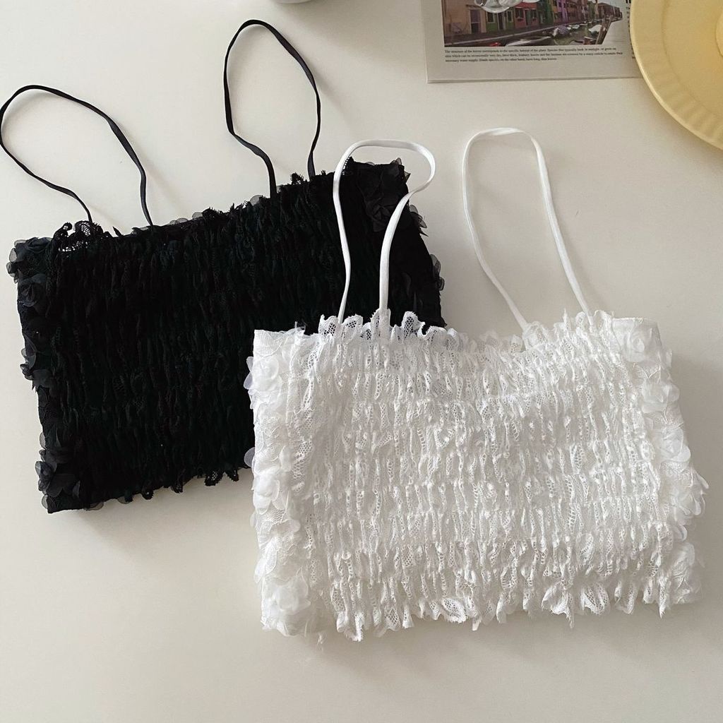 Áo Lửng Hai Dây Phối Ren Màu Trơn Đen Trắng Gợi Cảm Thời Trang Mùa Hè Cho Nữ