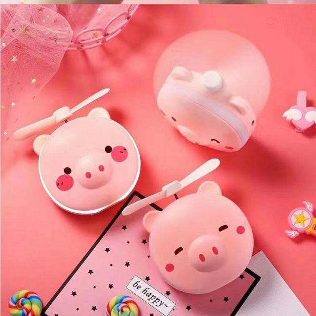 Quạt Gương Mini Hình Heo Có Đèn Led Tích Điện Xinh Xắn