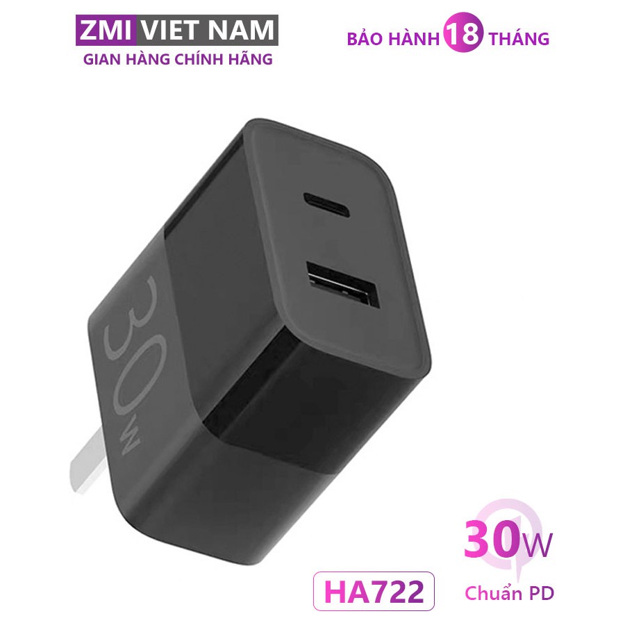 Củ Sạc Nhanh ZMI HA722 30W, 1cổng USB A + 1 Type C | Bảo Hành 18 Tháng