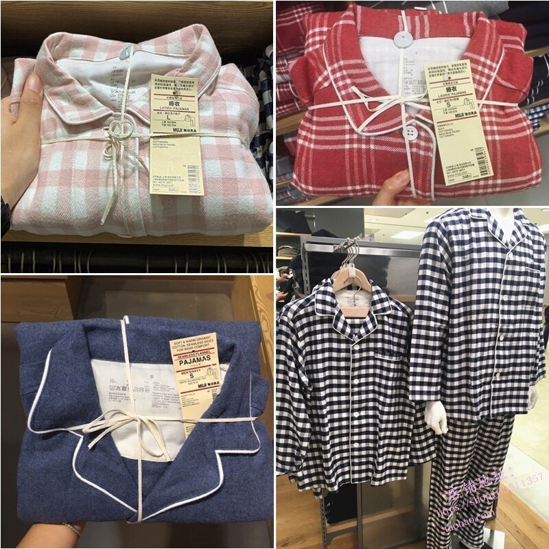 mujiMUJI Bộ đồ ngủ pijama bằng cotton nguyên chất họa tiết sọc caro thời trang xuân thu cho cặp đôi