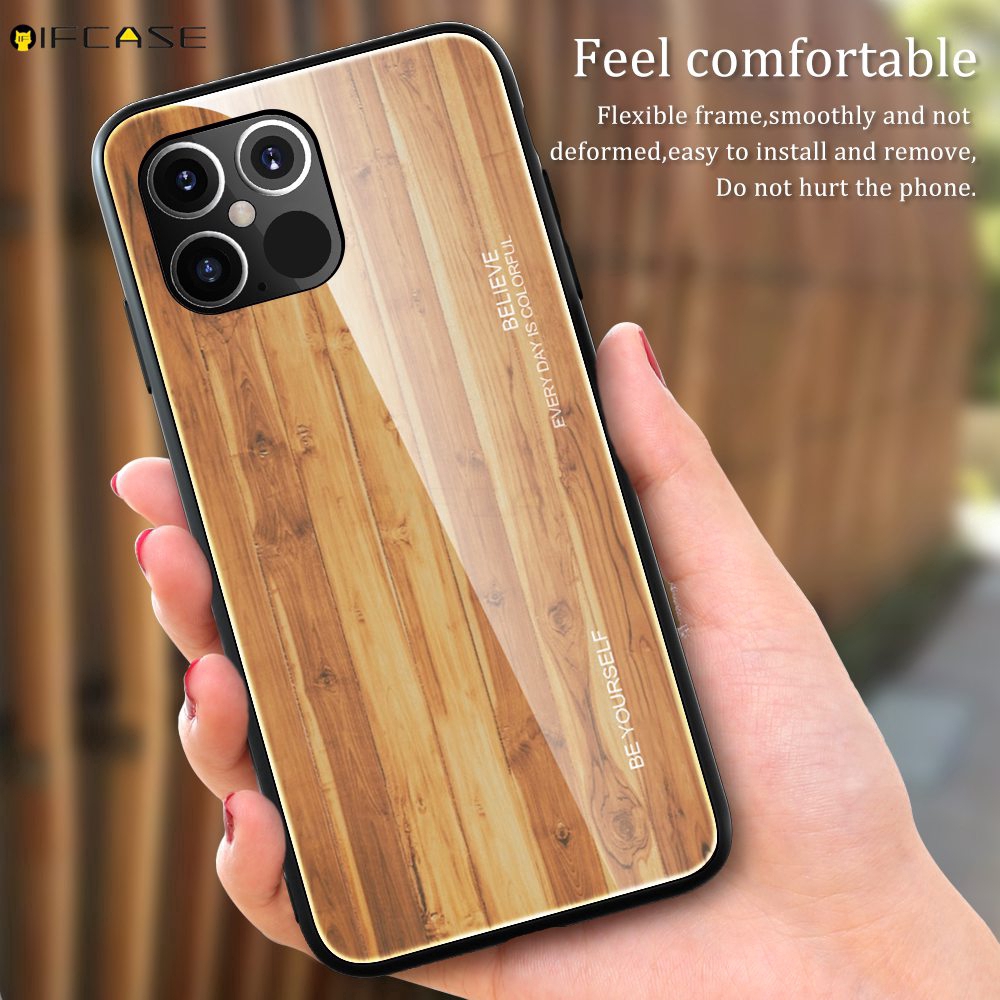 Ốp điện thoại hình vân gỗ kết hợp kính cường lực thích hợp cho iphone 11 Pro XS Max XR XS X