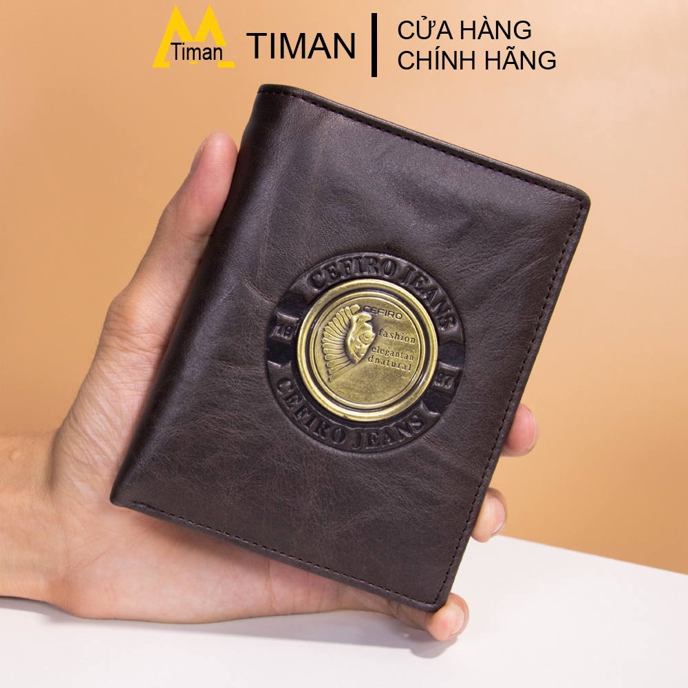 Ví da nam đứng da thật cao cấp chính hãng TIMAN VD04 logo nổi phong cách bền bỉ