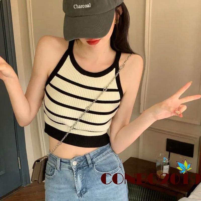 Áo Croptop Dệt Kim Không Tay Cổ Tròn Họa Tiết Kẻ Sọc Vintage Cho Nữ