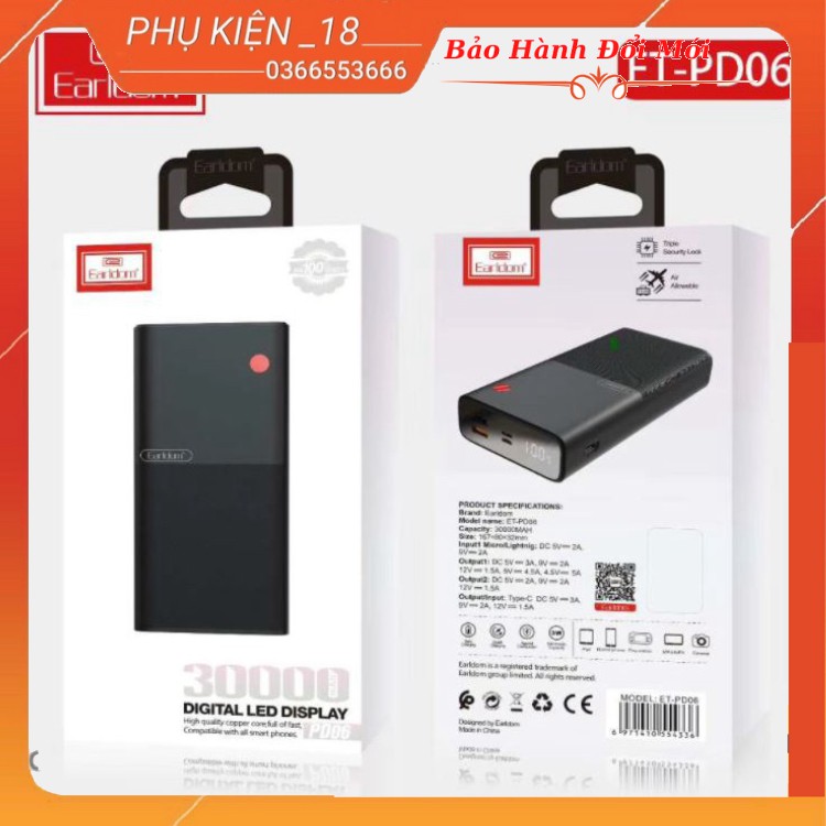 [BẢO HANH 12TH]SẠC DỰ PHÒNG SẠC NHANH 30.000MAH EARLDOM PD-06