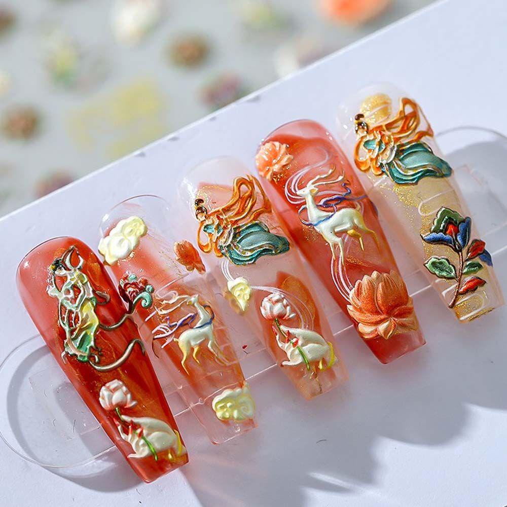 Nhãn Dán Trang Trí Móng Tay Tự Dính Họa Tiết Dập Nổi 5D Phong Cách Trung Hoa