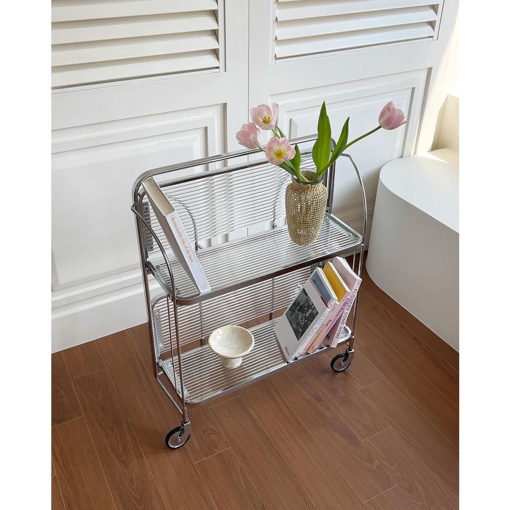 Giá để đồ 2 tầng trong suốt đa năng, có thể gấp gọn, có bánh xe, decor Forher.since1998